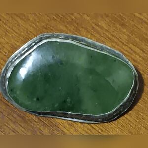 Handmade Studio Silver Large Nephrite Jade & Sterling Broach Pin Vintage Tested